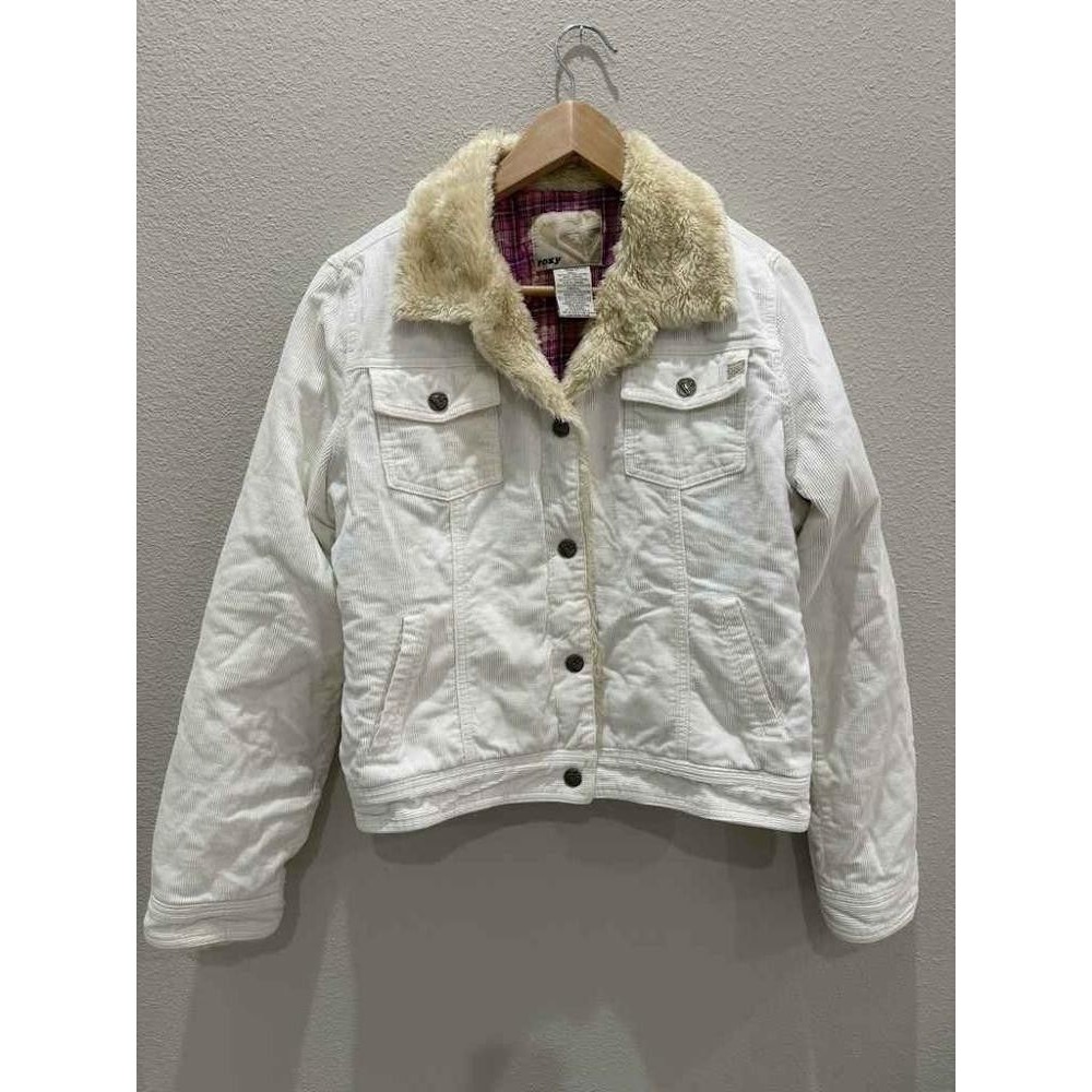 Roxy Cream Corduroy Sherpa Collar Trucker Jacket Plaid Lined Large